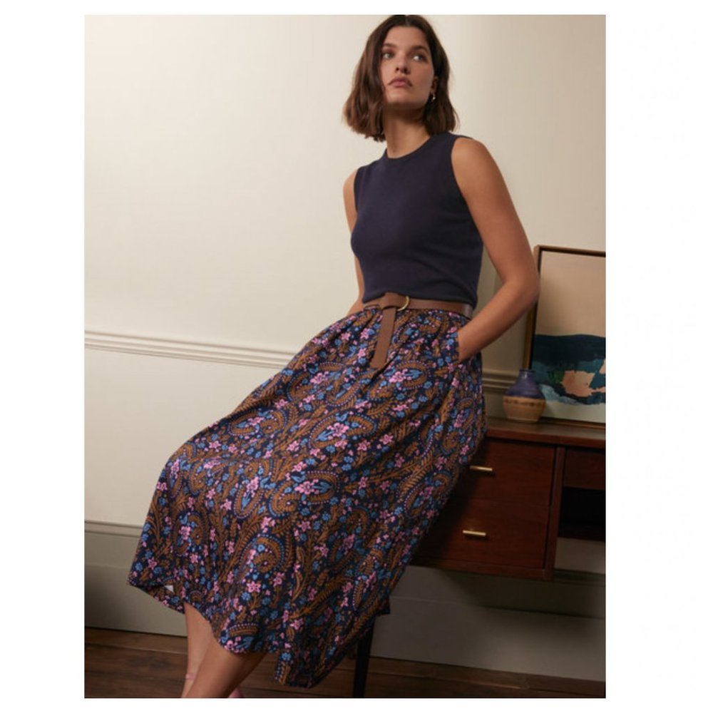 Boden Brown Paisley Midi Skirt with Blue & Pink Floral Print